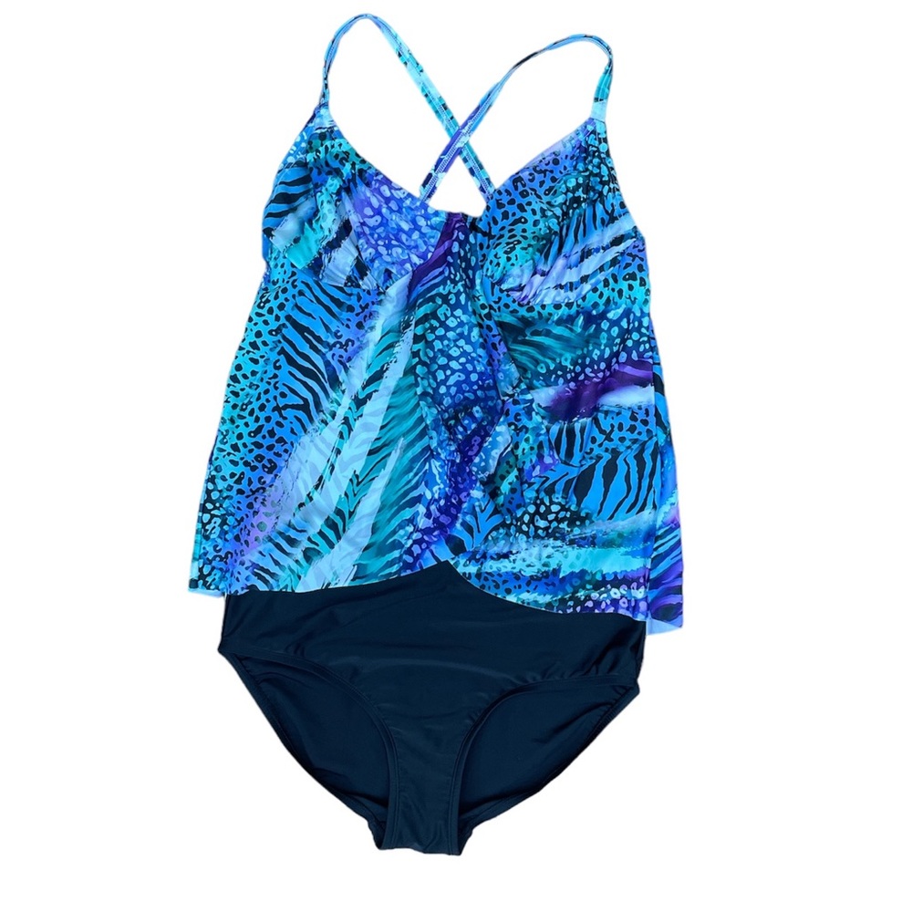 Swimsuits For All Size 14 Flyaway Underwire Tankini High Rise Bottoms Blue EUC
